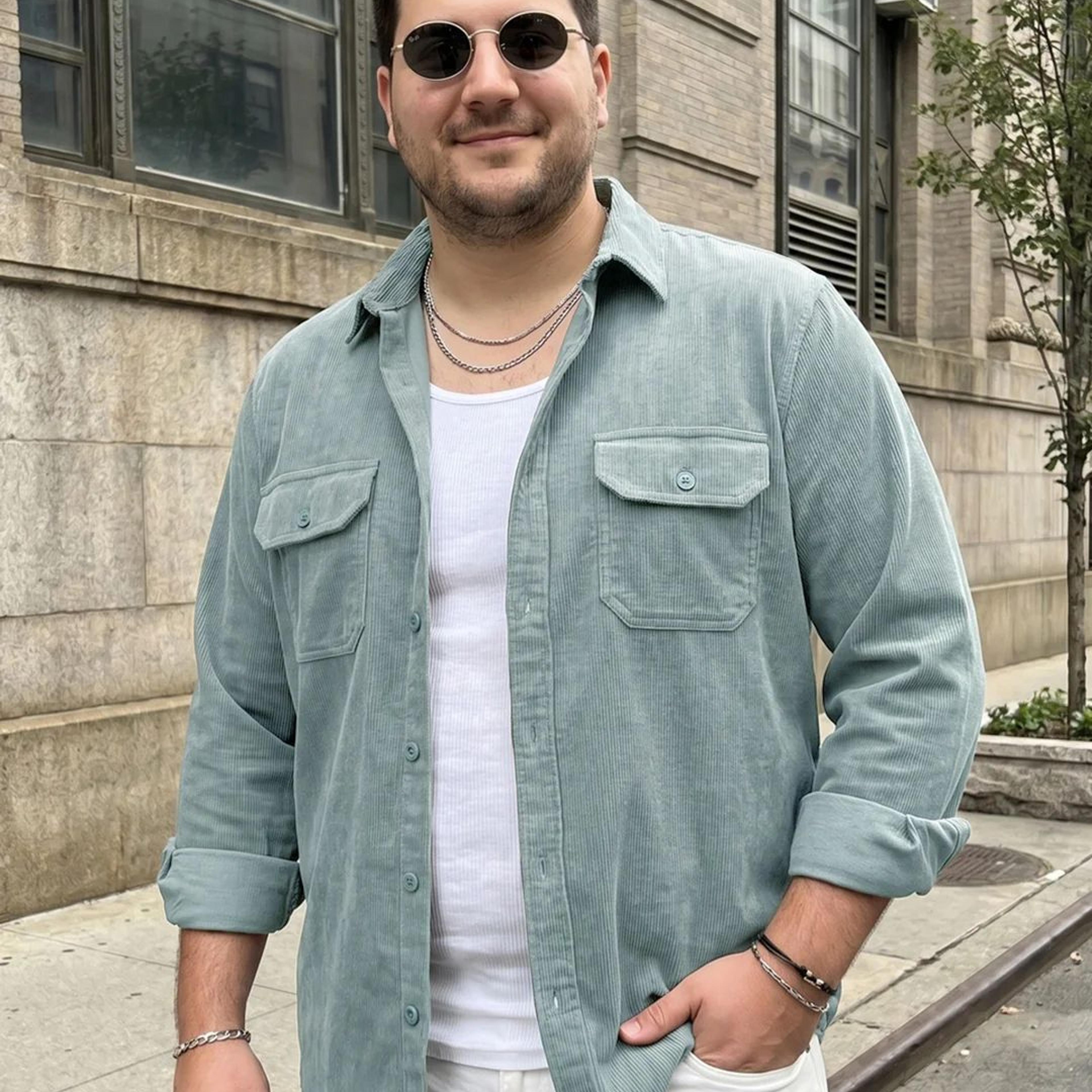 Plus Men's Light Blue Corduroy Full Sleeve Regular Fit Solid Overshirt with Utility Pockets