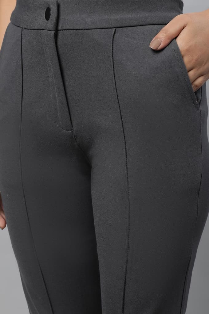 Grey Solid Straight Fit Trousers With Pintuck Detail — photo 7