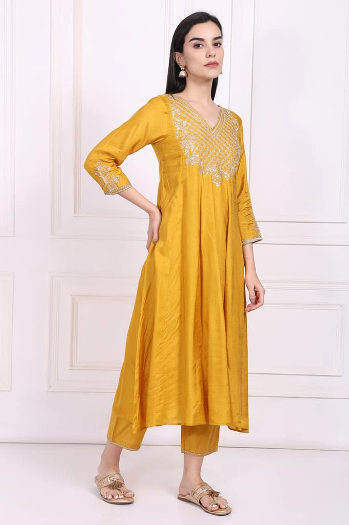 Yellow Embroidered Silk Flared Kurta, Straight Pants and Dupatta Set — photo 6
