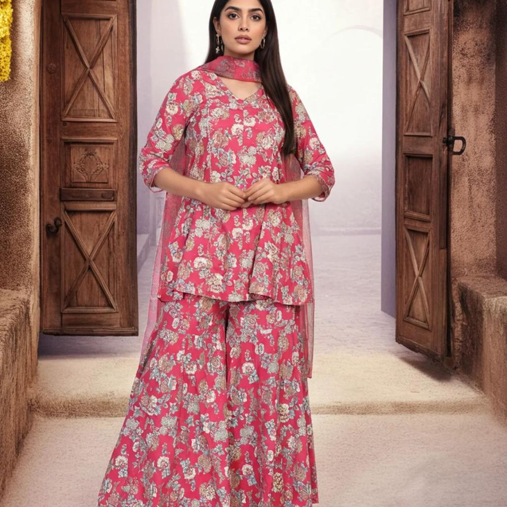 Pink Floral Printed Lace Trim Flared Rayon Kurta with Sharara and Dupatta Set