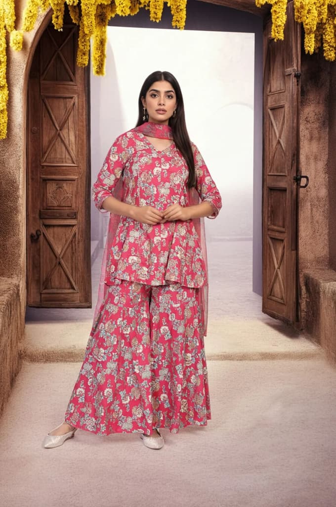 Pink Floral Printed Lace Trim Flared Rayon Kurta with Sharara and Dupatta Set — XS