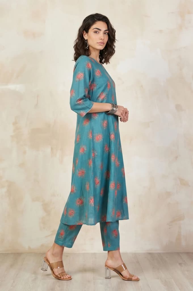 Teal Floral Printed Cotton Flax Flared Kurta — photo 6