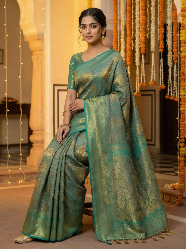 MIMOSA Women's Woven Design Kanjivaram Style Art Silk Saree with Blouse Piece - Saffire ( SA00003144SFFREE ) — photo 4