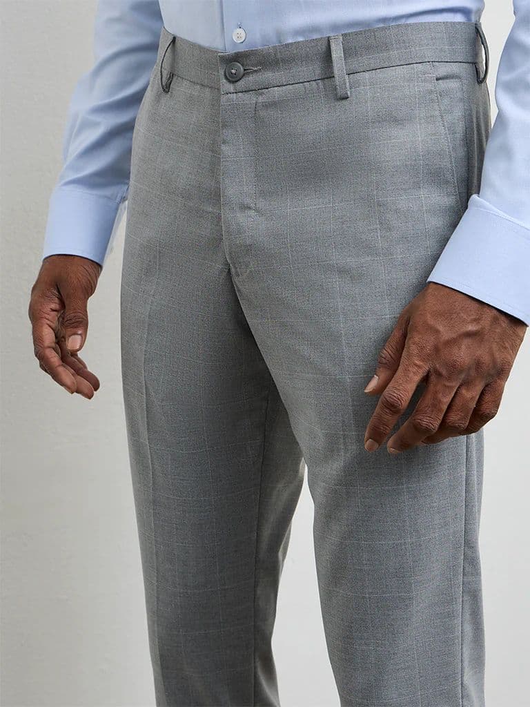 WES Formals Grey Checkered Slim-Fit Mid-Rise Trousers — photo 3