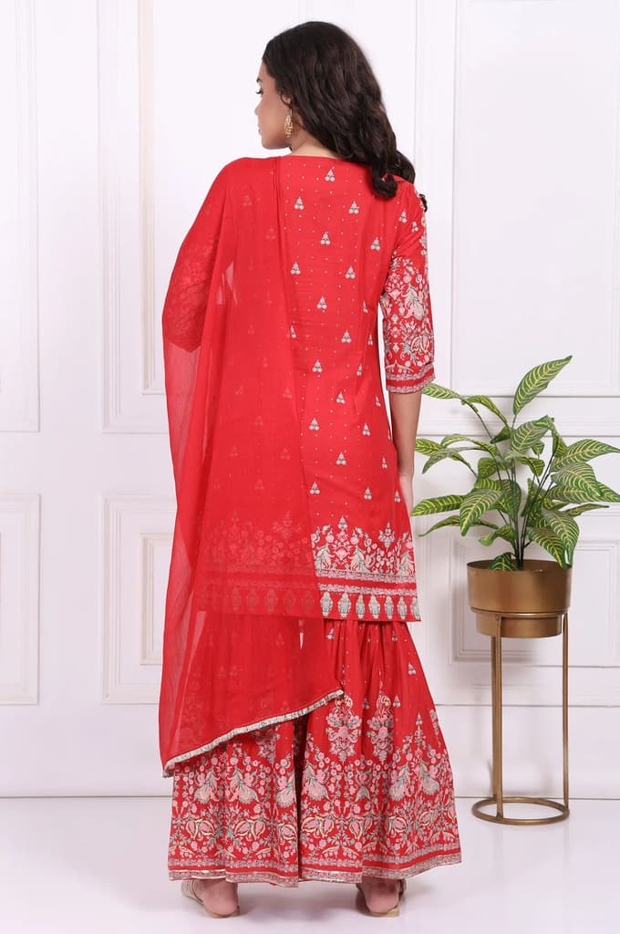 Red Floral Printed Embroidered Straight Cotton Kurta with Sharara and Dupatta Set — photo 5