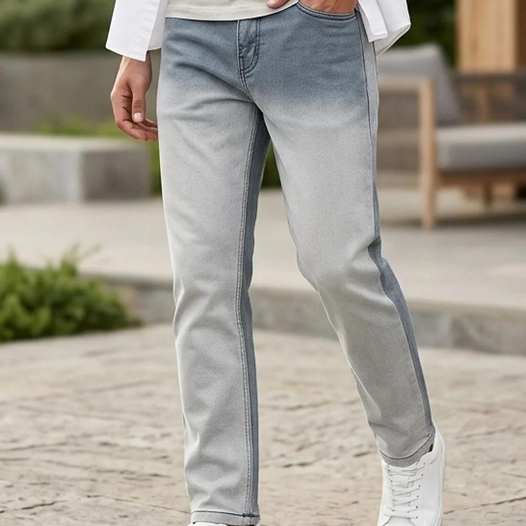 Men's Grey Straight Fit Heavy Washed Faded Denim Jeans Stretchable