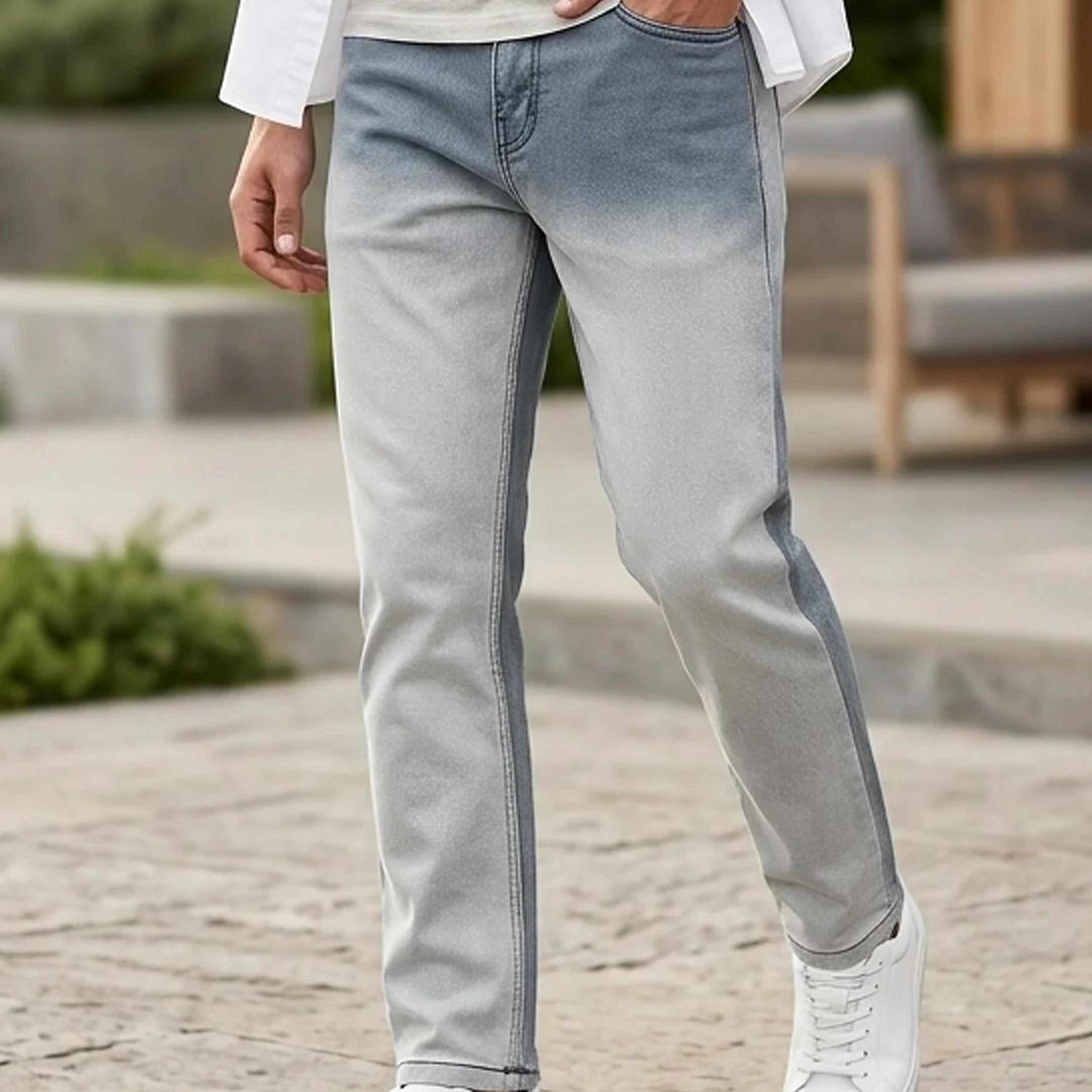 Men's Grey Straight Fit Heavy Washed Faded Denim Jeans Stretchable