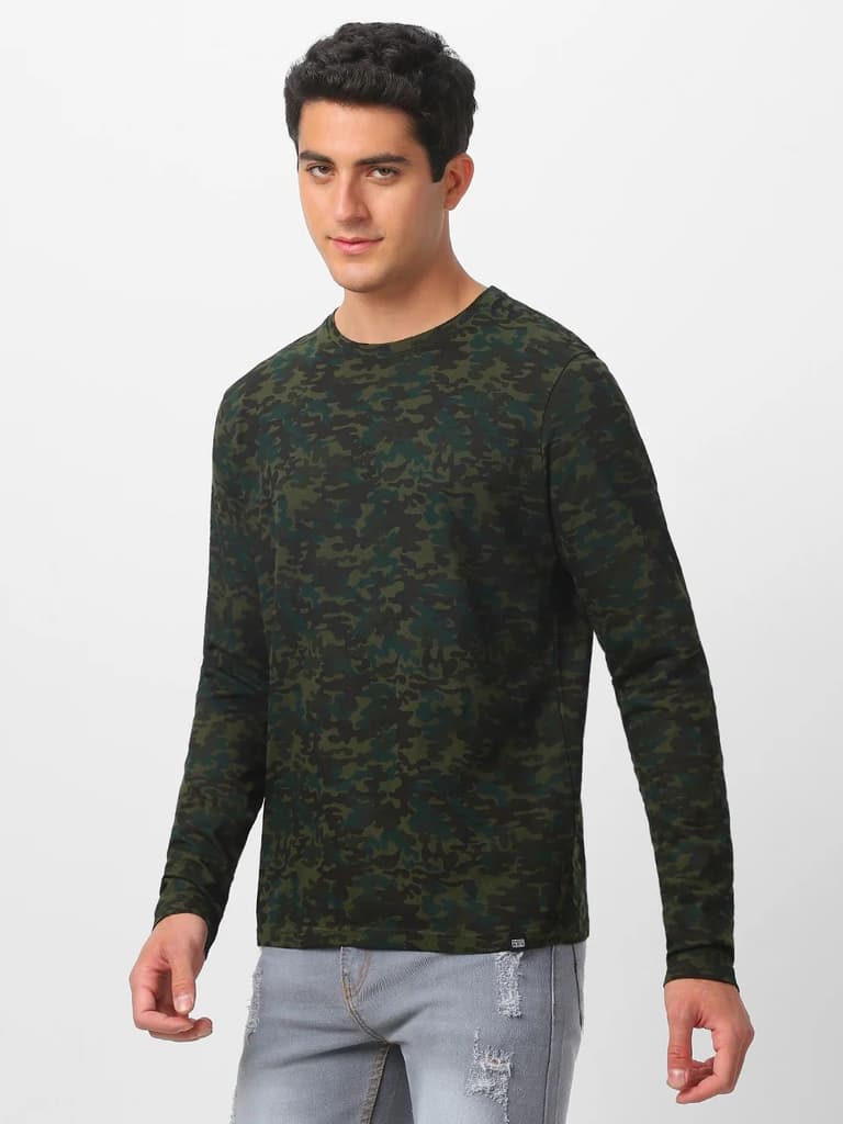 Men's Olive Green, Khaki Military Camouflage Printed Slim Fit Full Sleeve Cotton T-Shirt — photo 3