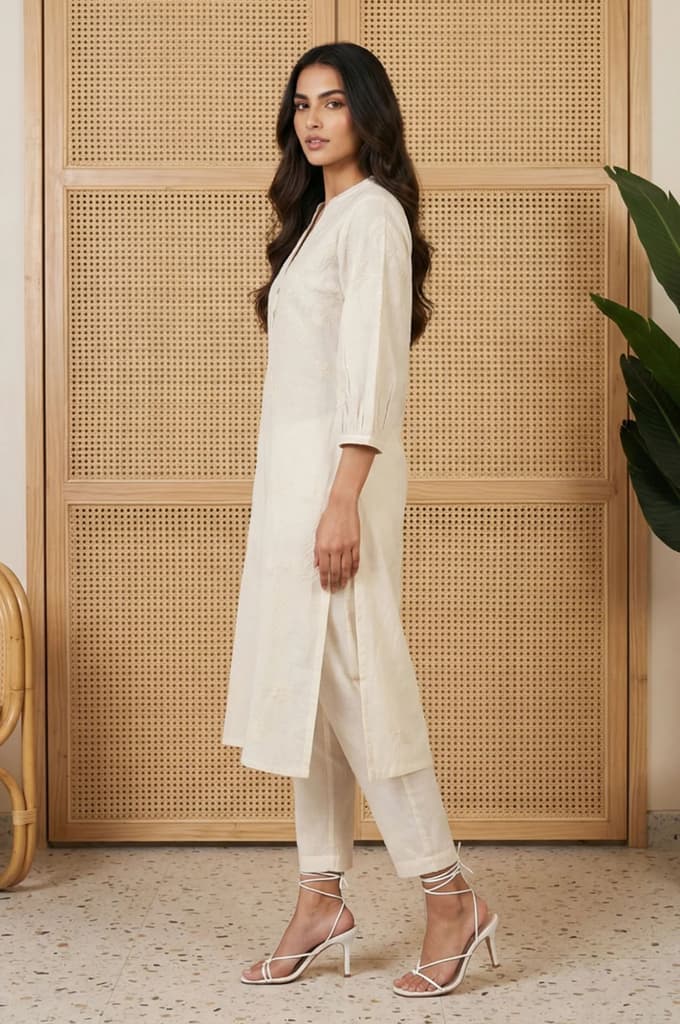 Off White Embroidered Rayon Straight Kurta and Pants Set — photo 3