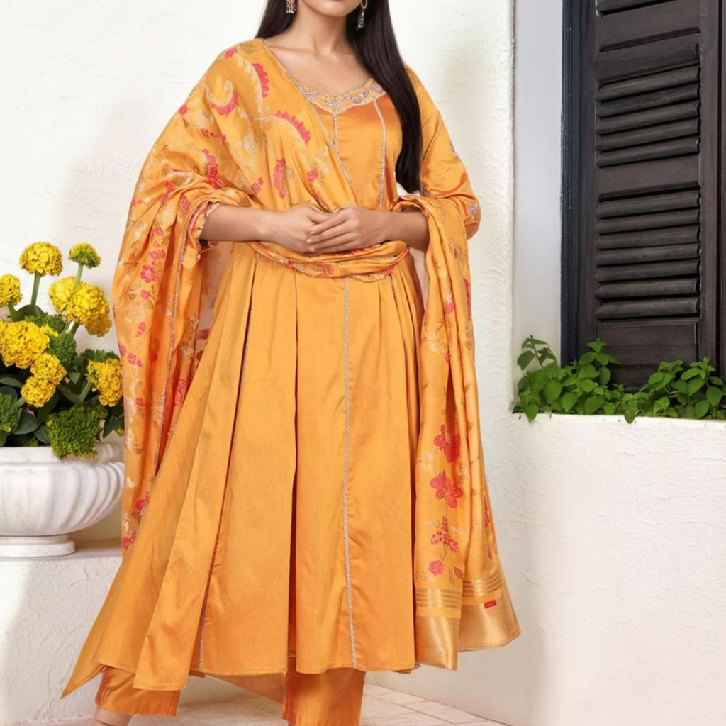 Yellow Embroidered Anarkali Jacquard Kurta with Straight Pant and Dupatta Set