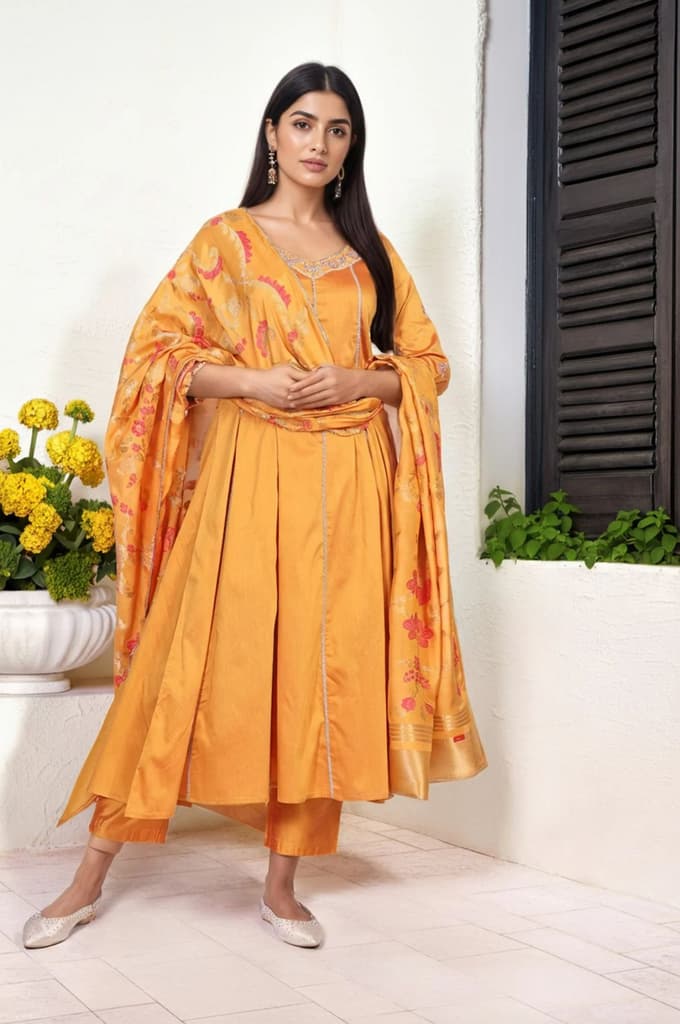 Yellow Embroidered Anarkali Jacquard Kurta with Straight Pant and Dupatta Set — XS