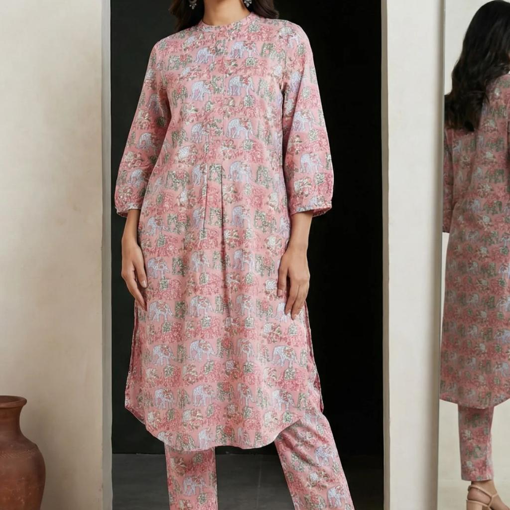Pink Block Printed Pure Cotton Straight Kurta with Pants Set