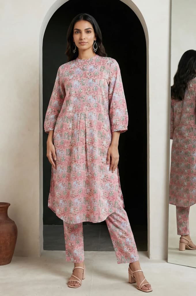 Pink Block Printed Pure Cotton Straight Kurta with Pants Set — XS