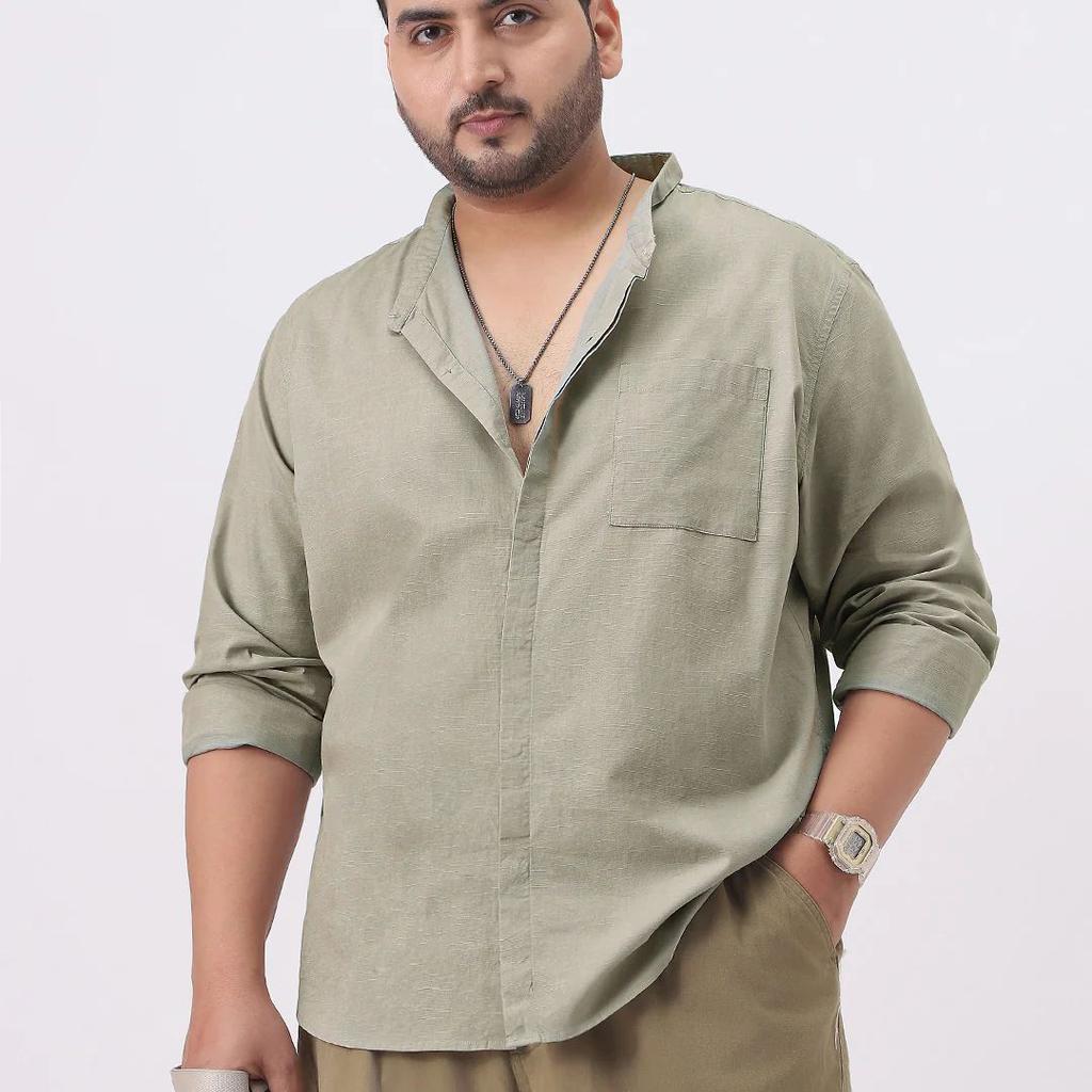 Plus Men's Light Olive Cotton Full Sleeve Regular Fit Casual Solid Shirt with Band Collar