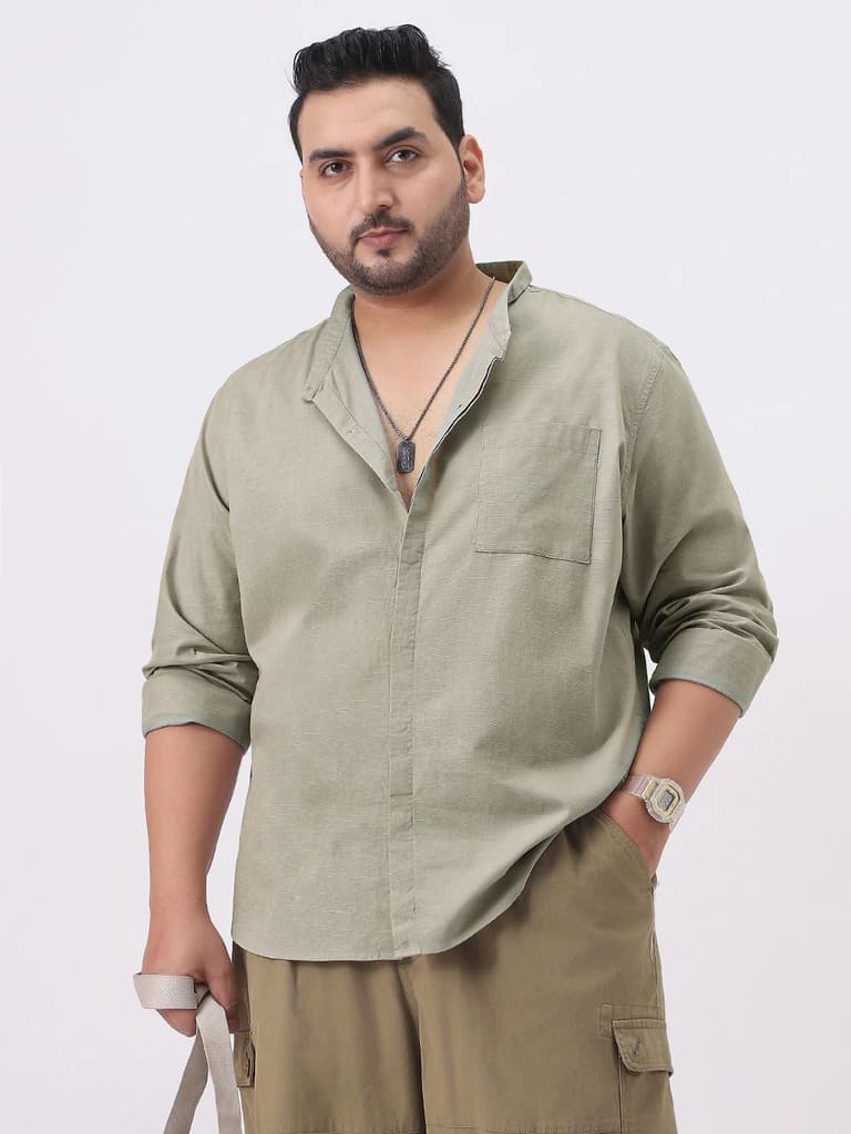 Plus Men's Light Olive Cotton Full Sleeve Regular Fit Casual Solid Shirt with Band Collar — XXL / Light Olive