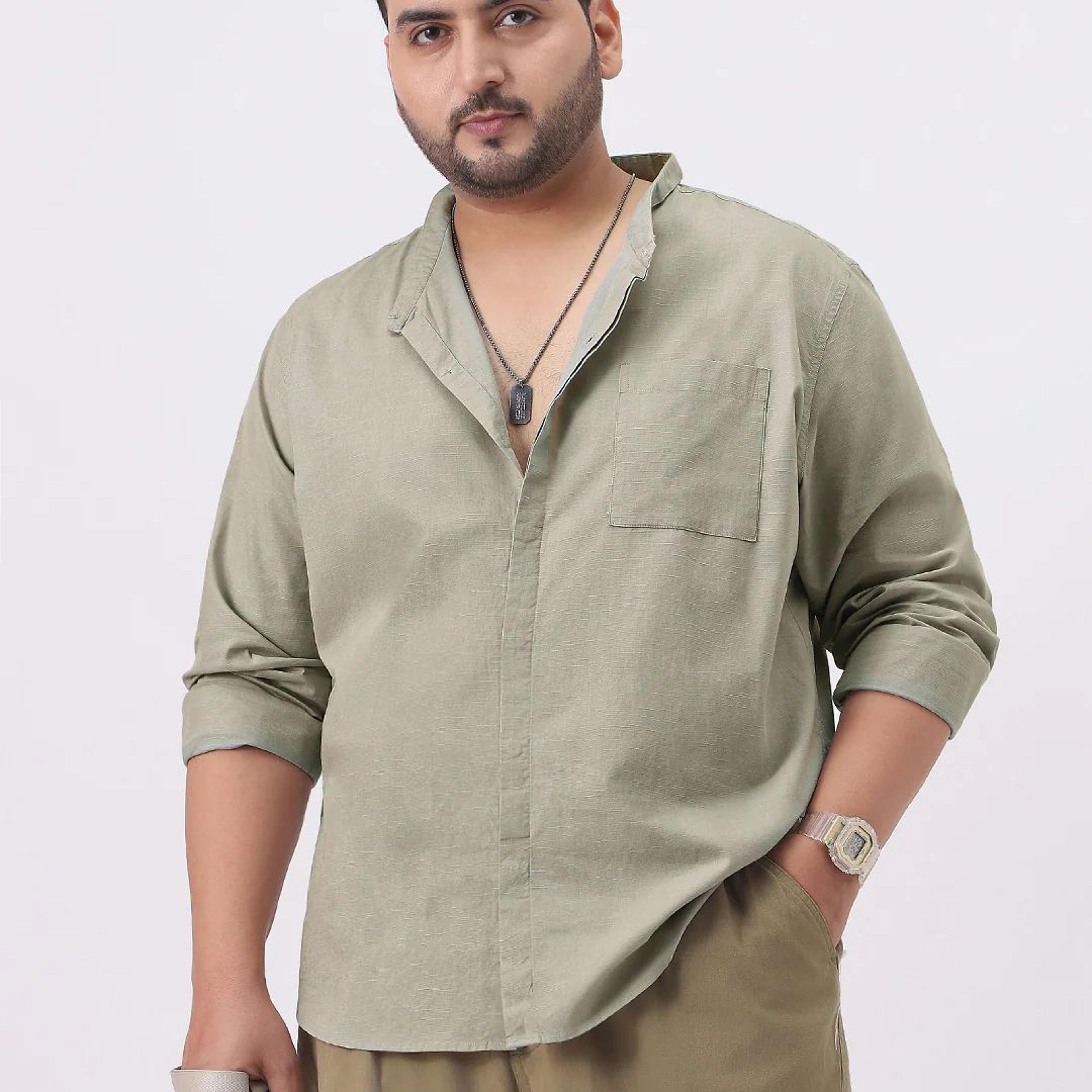 Plus Men's Light Olive Cotton Full Sleeve Regular Fit Casual Solid Shirt with Band Collar