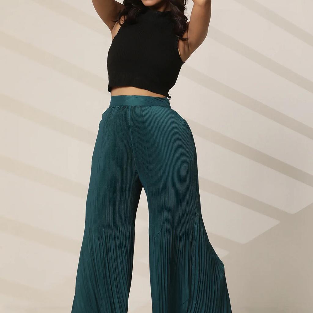 Teal Solid Flared Woven Sharara With Pleats