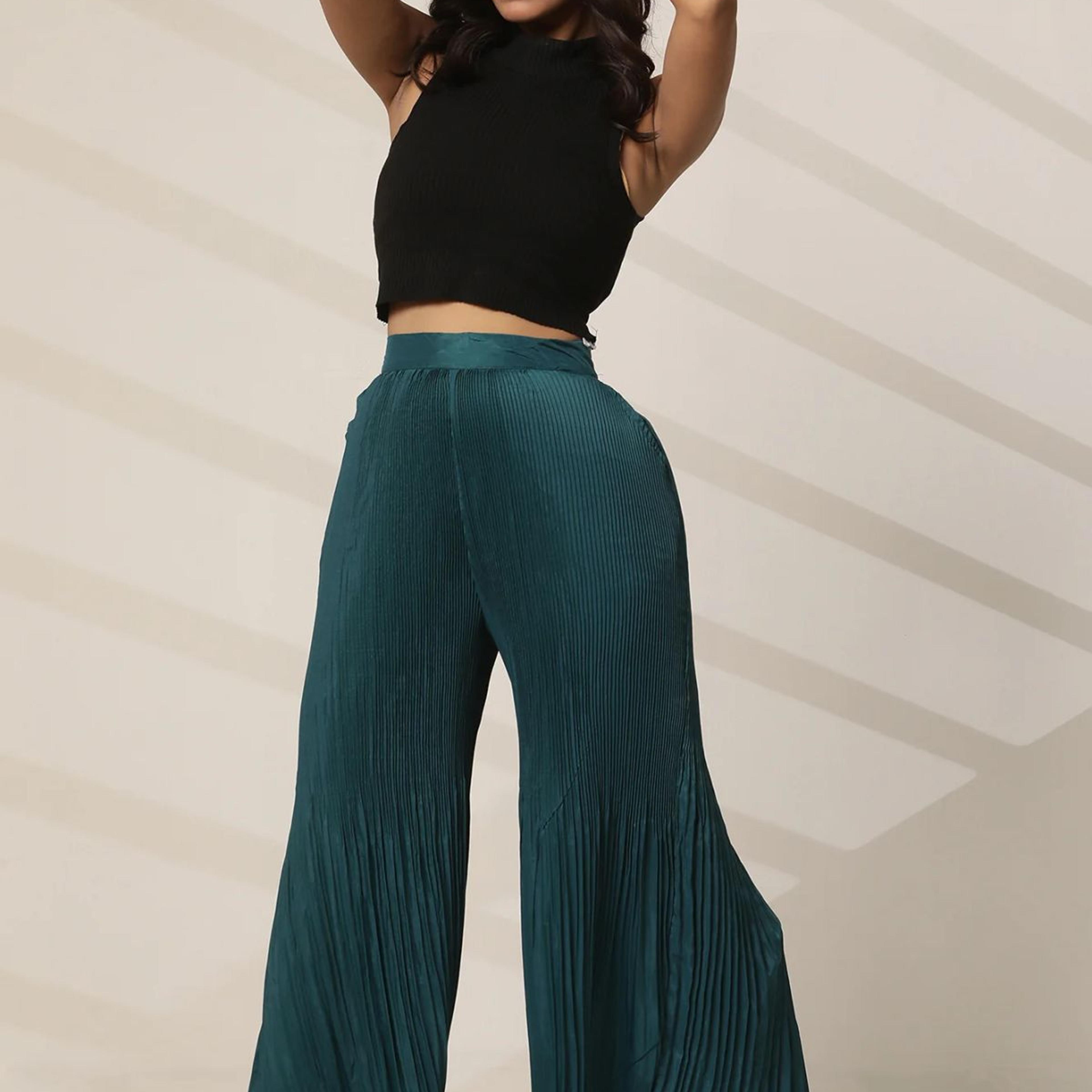Teal Solid Flared Woven Sharara With Pleats
