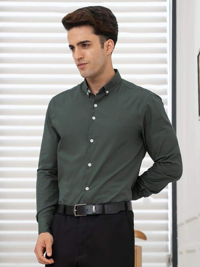 Shirts for Men in Slate Olive | Solid Full Sleeve Casual Shirt — photo 2