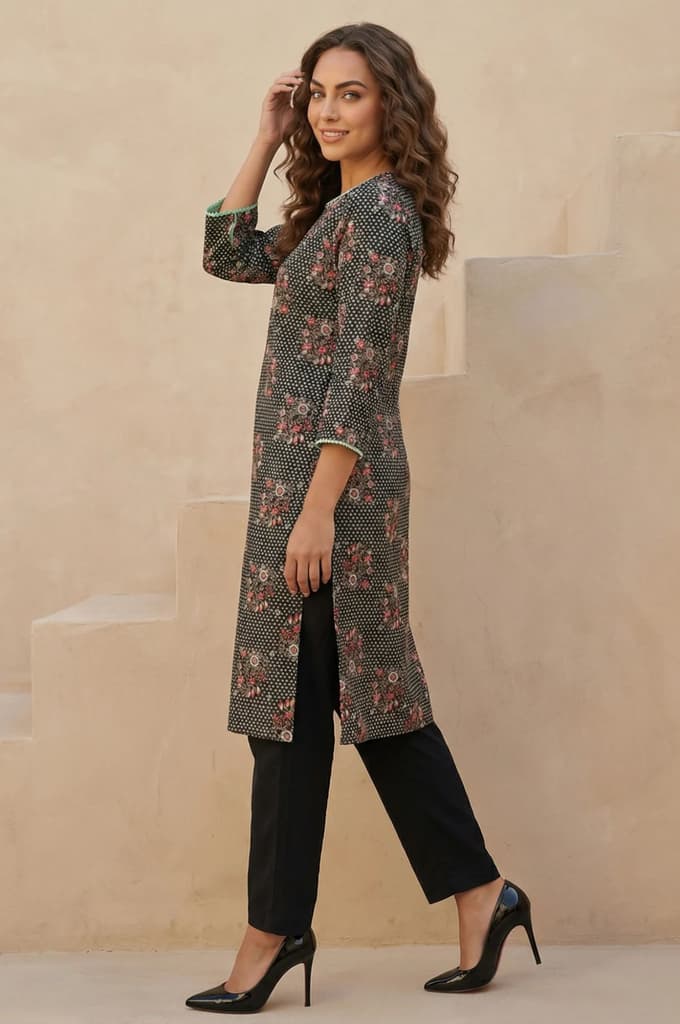 Black Floral Printed Rayon Straight Kurta — photo 5