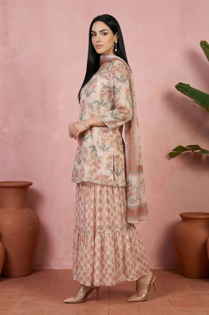 Beige Floral Printed Lace Straight Kurta with Sharara and Dupatta Set — photo 4