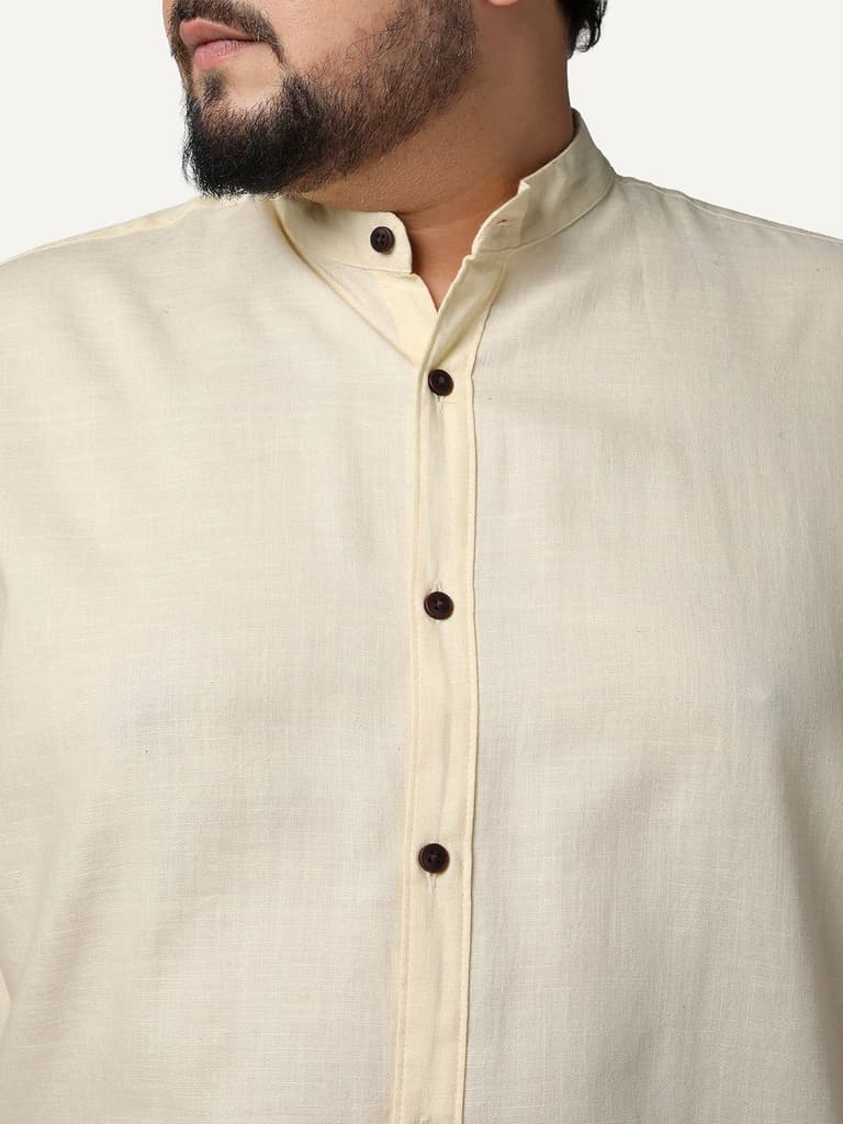 Plus Men's Tender Yellow Linen Blend Full Sleeve Relaxed Fit Mandarin Collar Casual Solid Shirt — photo 5