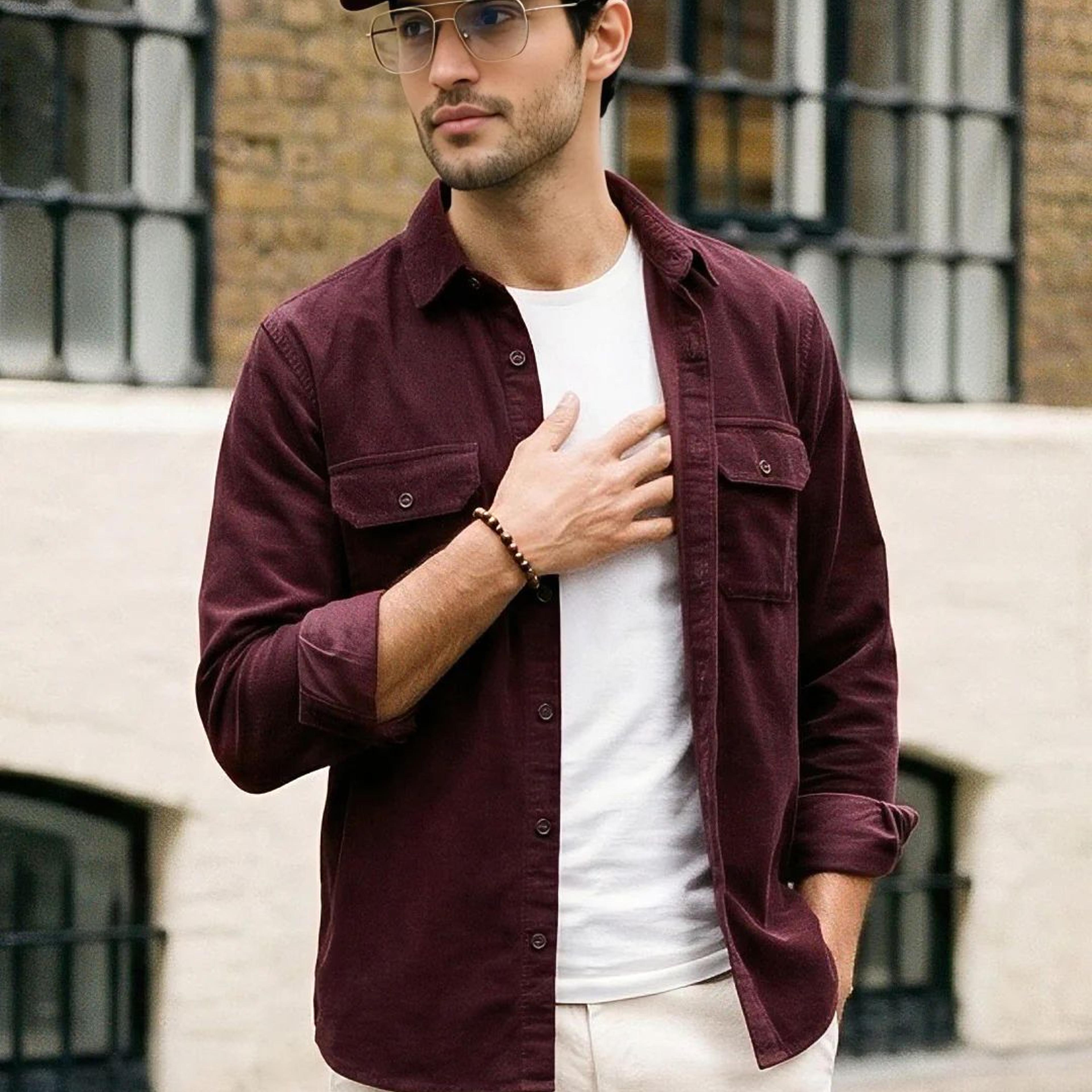 Men's Maroon Corduroy Full Sleeve Regular Fit Solid Overshirt with Utility Pockets