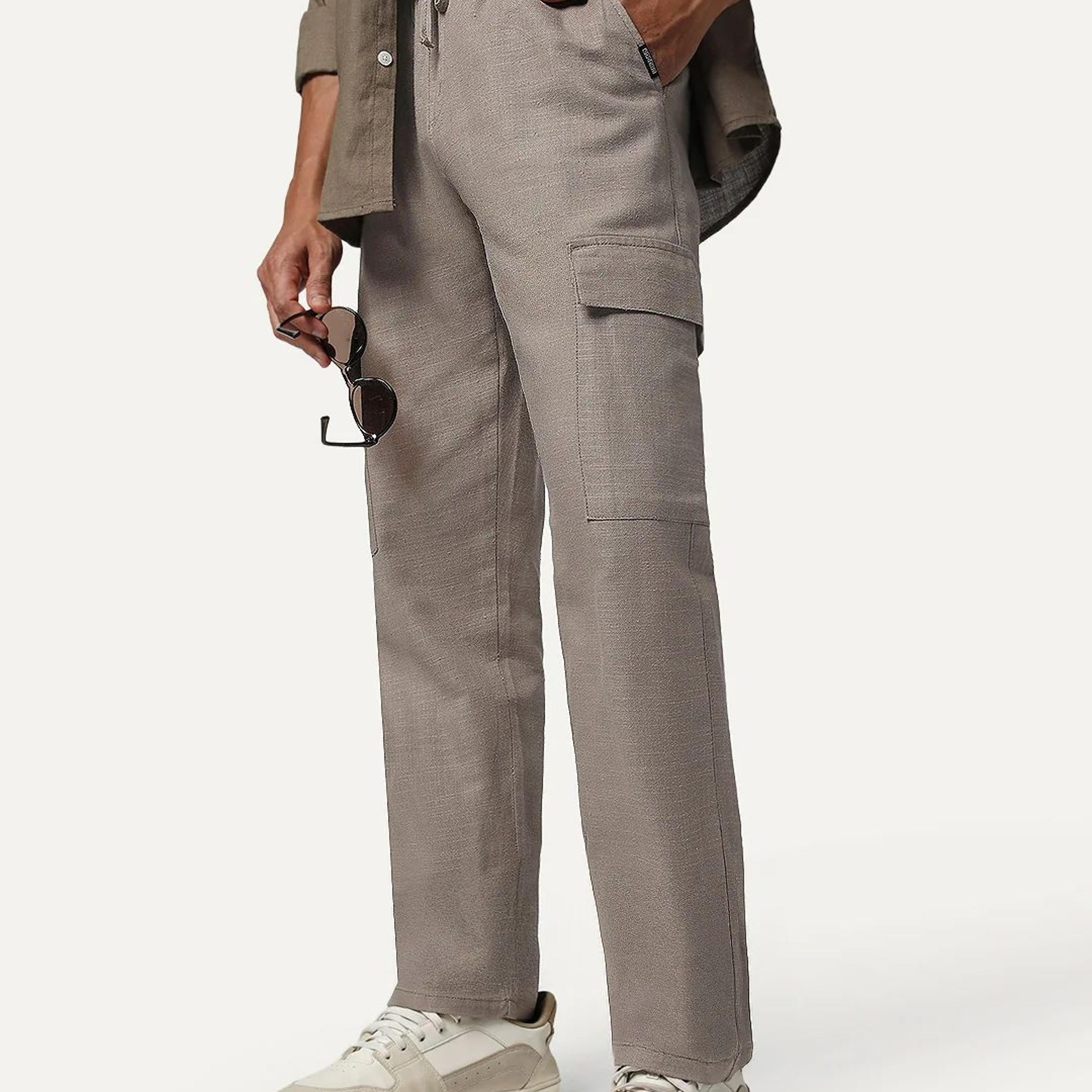 Men's Light Khaki Straight Fit Linen Cargo Pants with 6 Pockets
