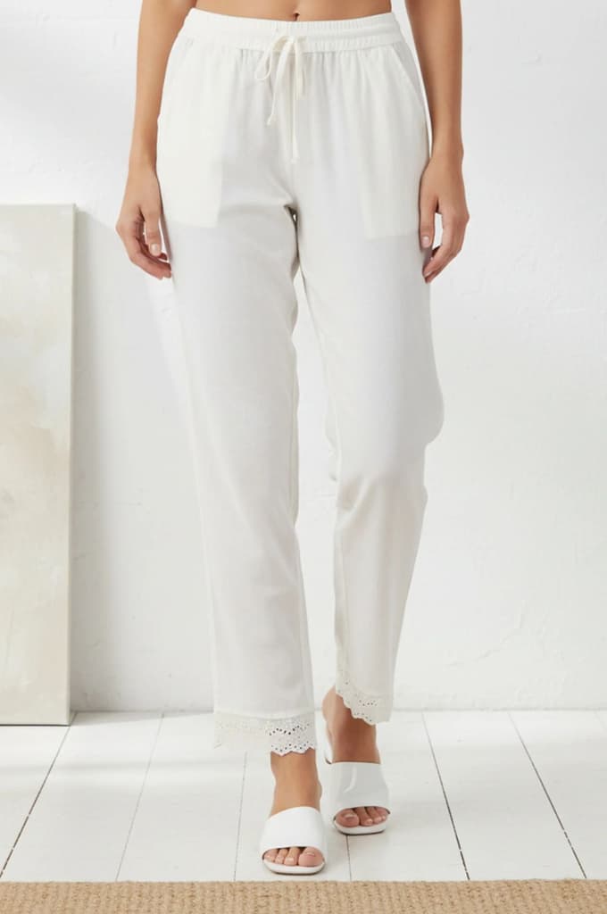Off-White Solid Lace Pure Cotton Ankle Length Straight Pants — S