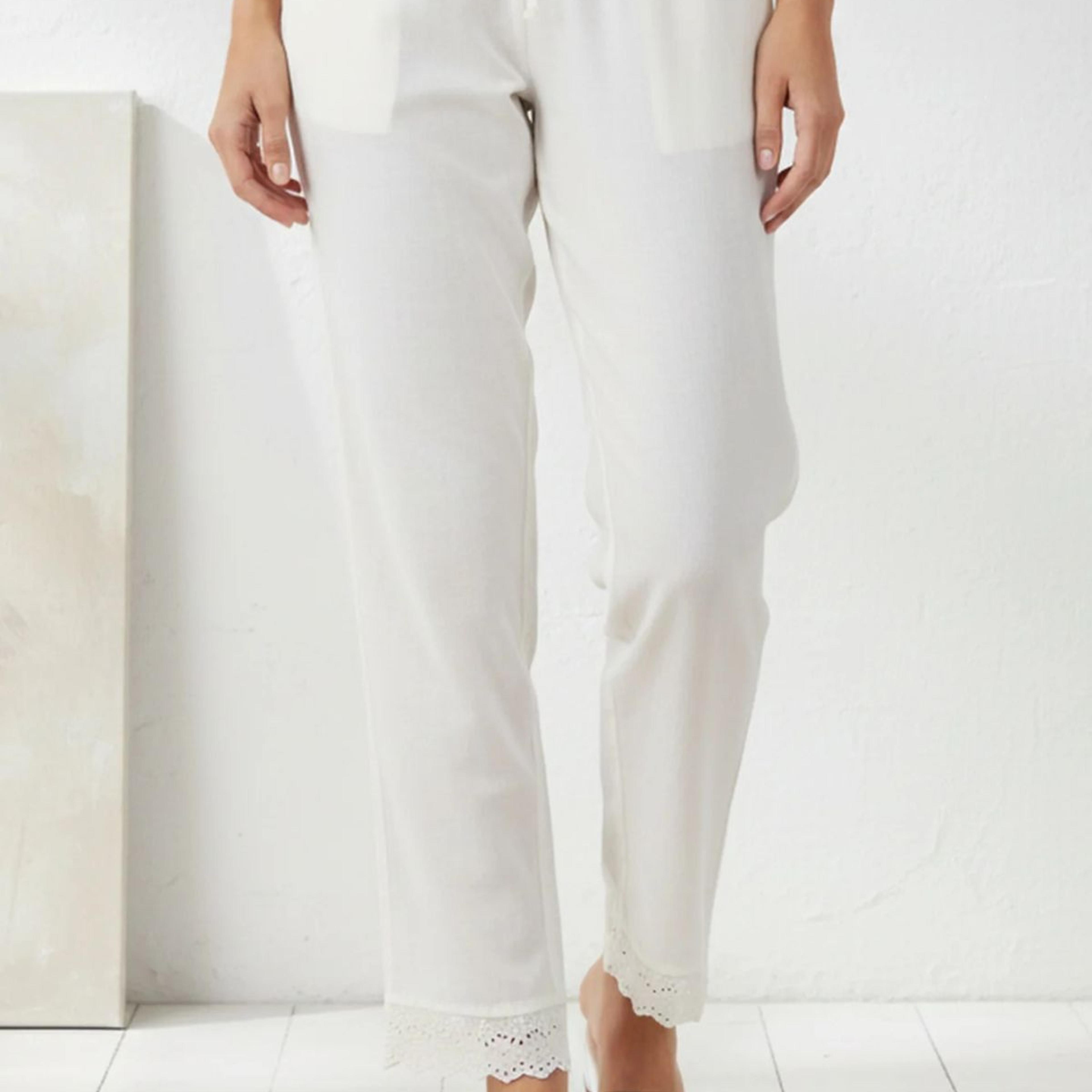 Off-White Solid Lace Pure Cotton Ankle Length Straight Pants