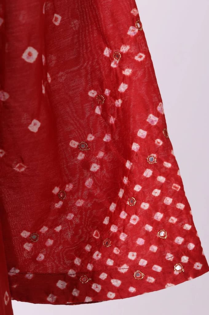 Red Bandhni Mirror Work Silk Blend Straight Kurta with Pant and Dupatta Set — photo 6