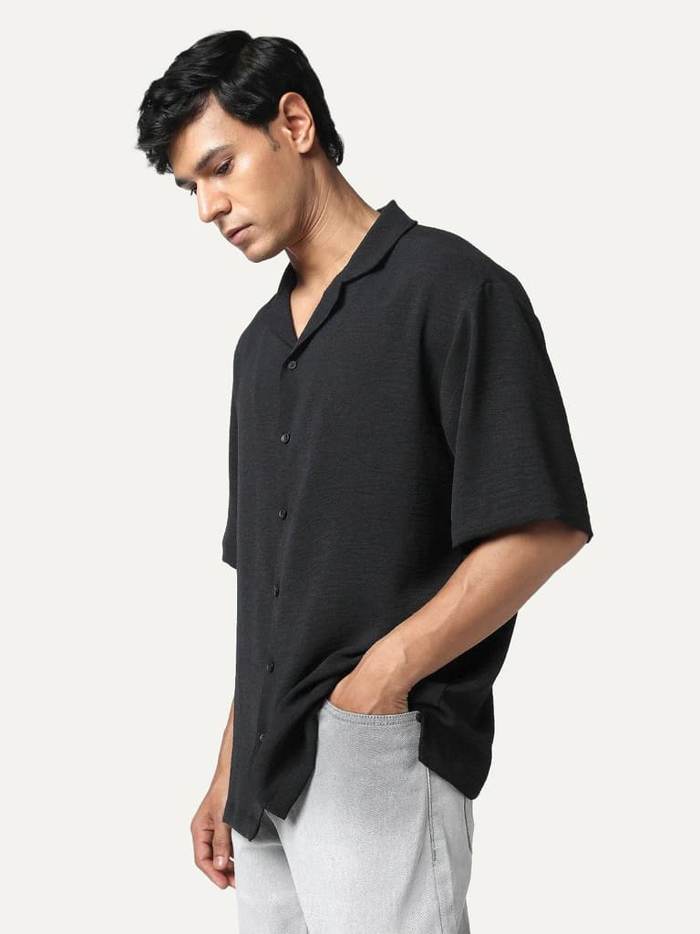 Men's Black Cotton Half Sleeve Relaxed Fit Textured Shirt with Cuban Collar — photo 2