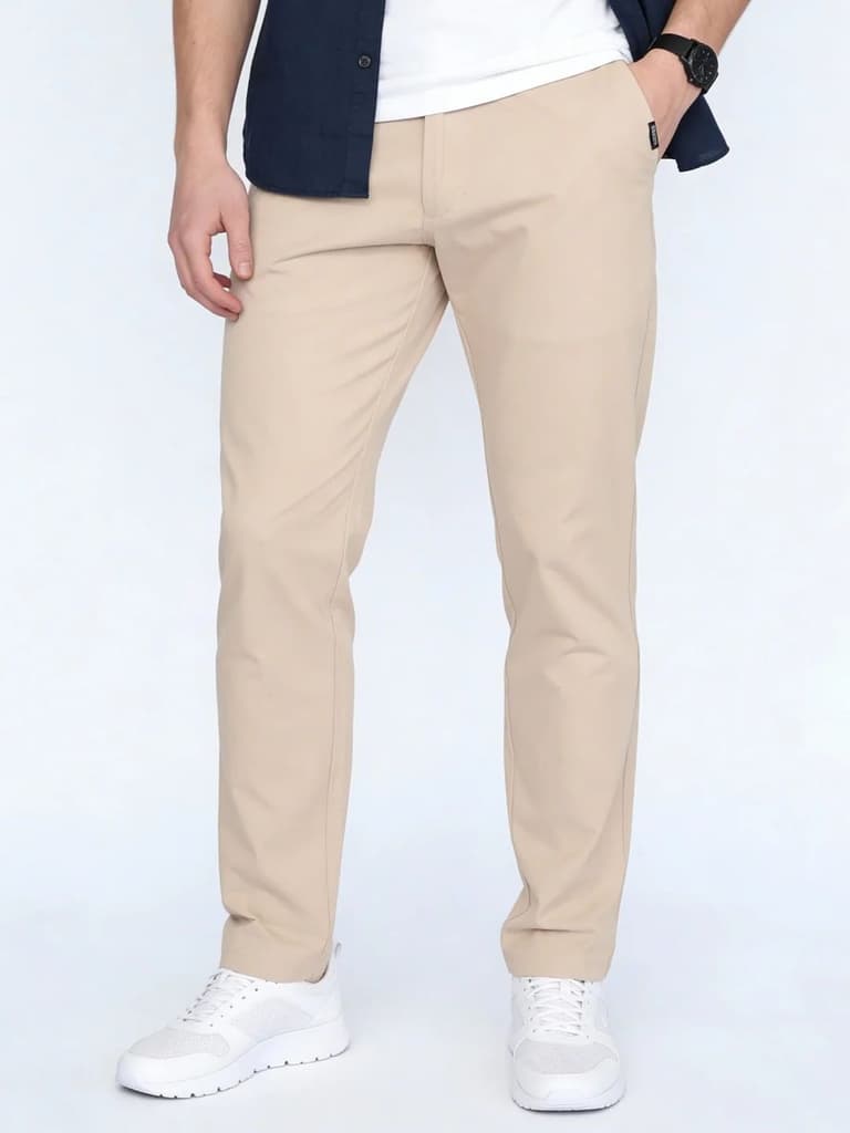 Men's Cream Straight Fit Mid Rise Cotton Casual Chinos Trousers Stretch — photo 2