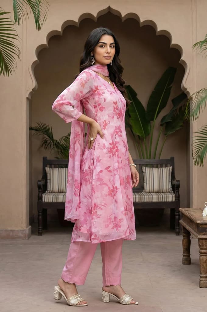 Pink Floral Printed Organza Straight Kurta with Pants and Dupatta Set — photo 5