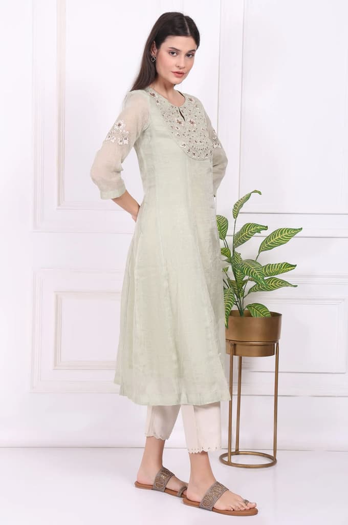 Light Green Embroidered Silk Blend Straight Kurta, Pants and Dupatta Set — photo 6