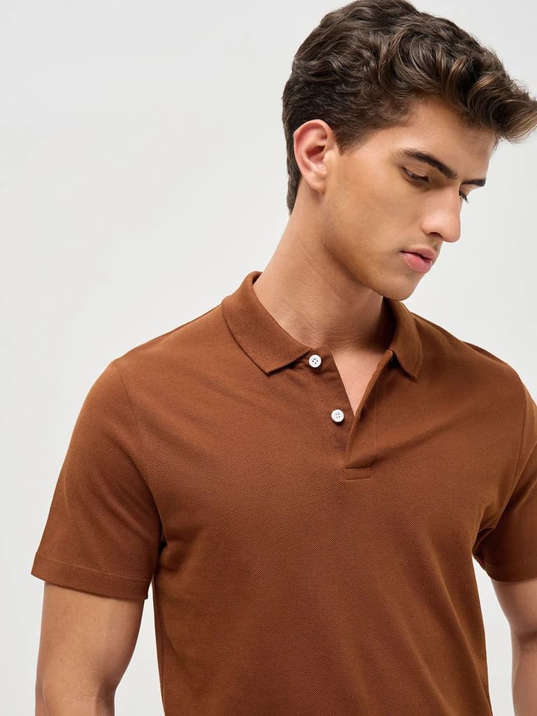 Men's Chocolare Brown Solid Regular Fit Half Sleeve Cotton Polo T-Shirt — photo 6