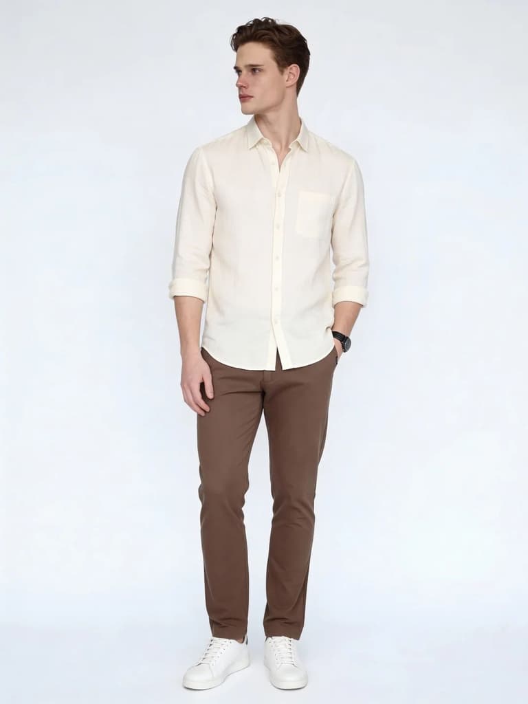 Men's Dark Taupe Straight Fit Mid Rise Cotton Casual Chinos Trousers Stretch — photo 4