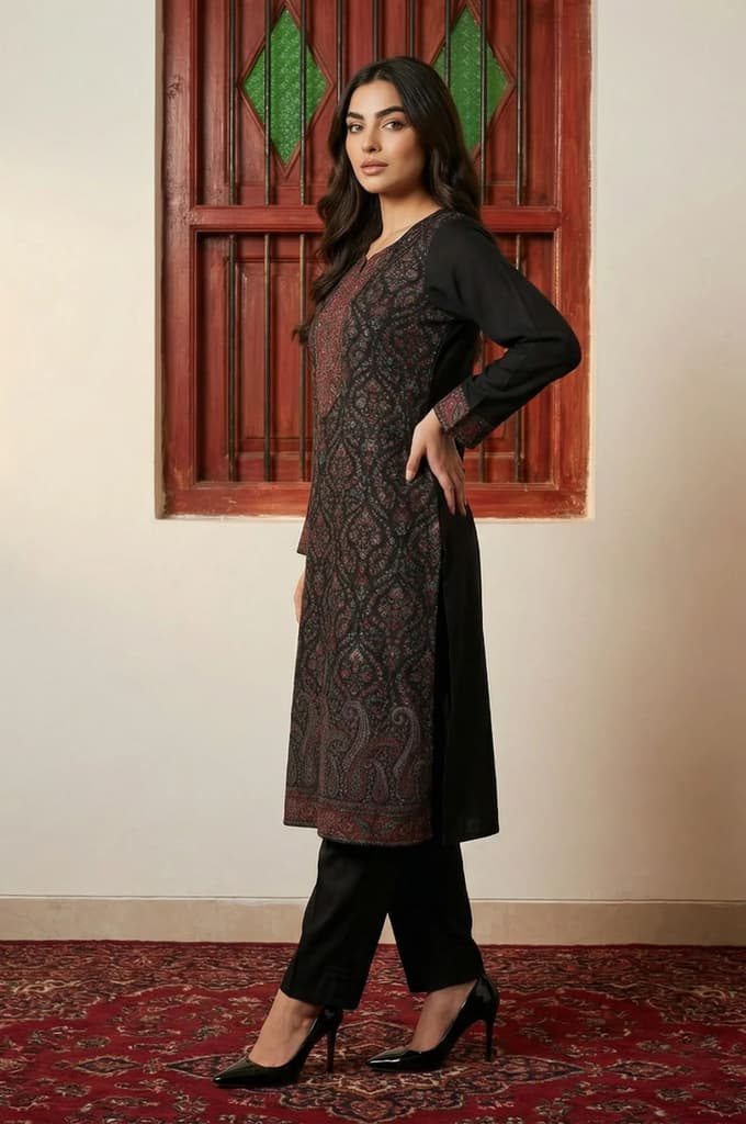 Black Paisley Yarn Dyed Winter Straight Kurta with Pants and Dupatta Set — photo 5