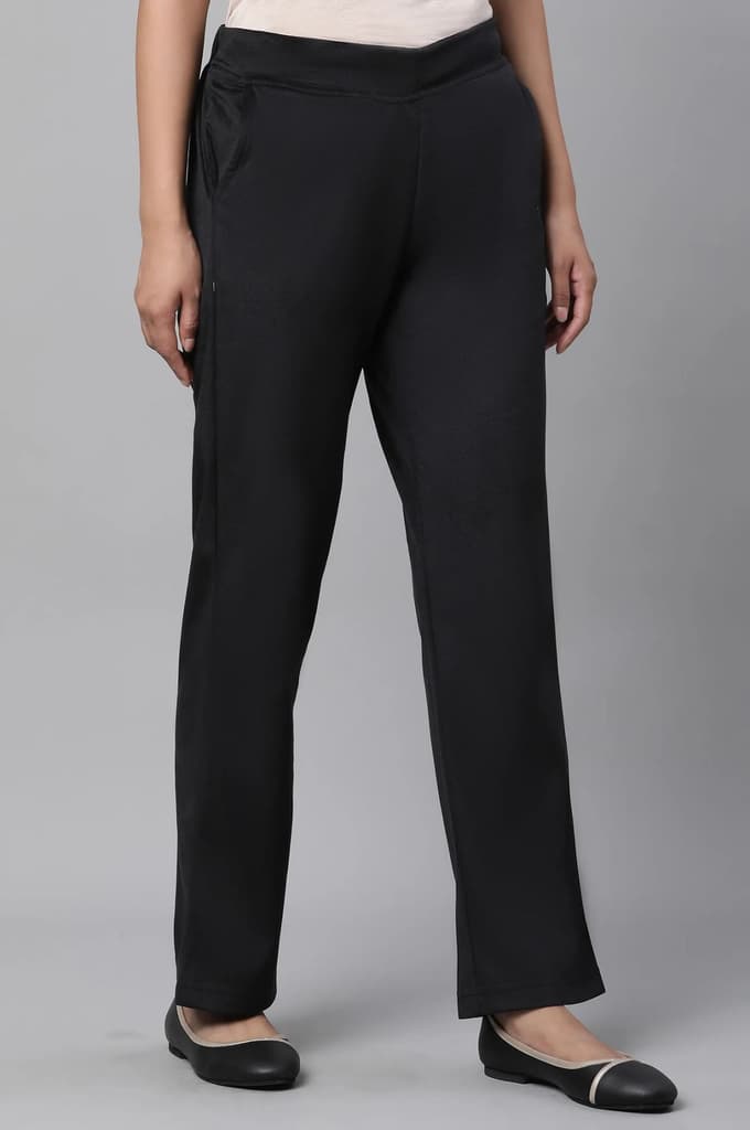 Black Solid Straight Fit Pants With Elasticated Waist — photo 4