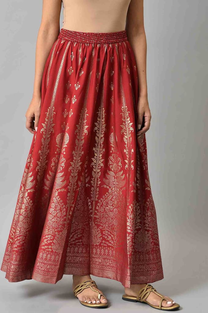 Maroon Floral Printed Flared Woven Skirt With Elasticated Waist — photo 4