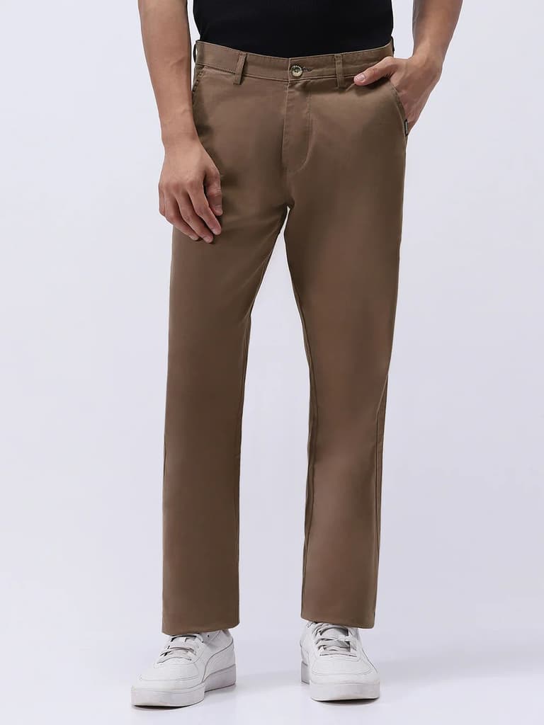 Men's Dark Taupe Cotton Regular Fit Casual Chinos Trousers Stretch — 28 / Dark Taupe