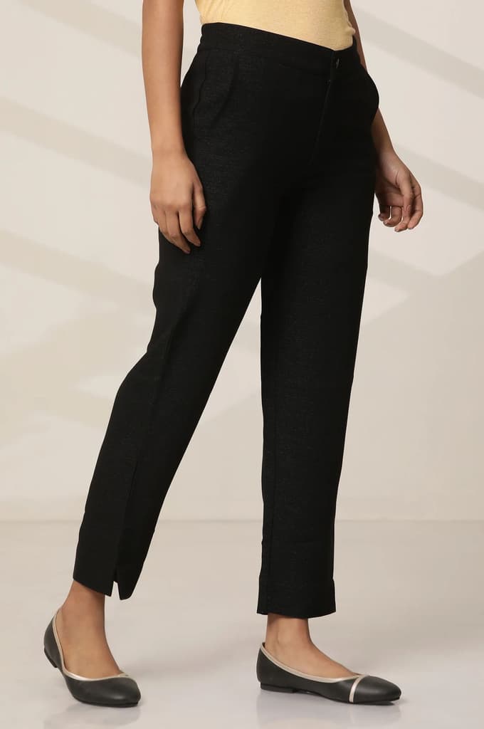 Black Solid Slim Fit Woven Pants With Elasticated Waist — photo 5