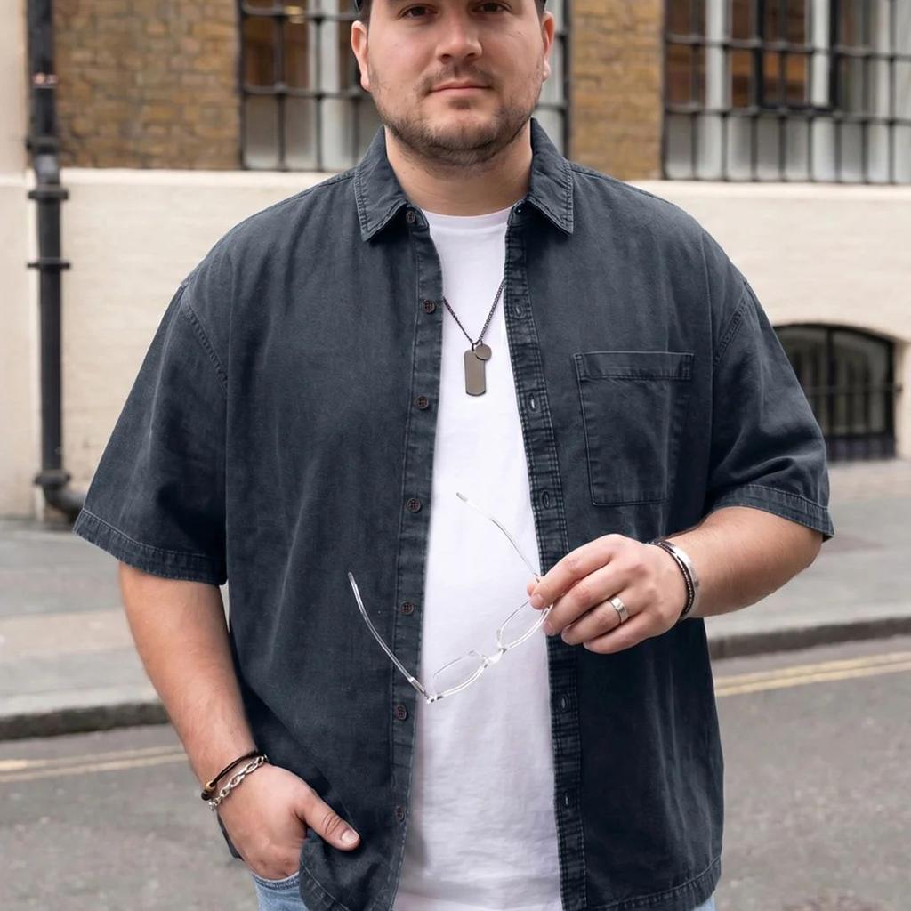 Plus Men's Dark Blue Oversized Fit Half Sleeve Solid Casual Denim Shirt