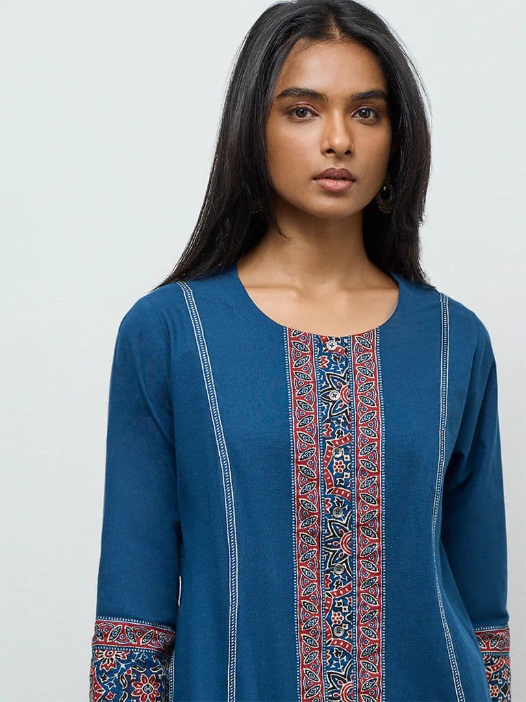 Utsa Indigo Printed Cotton A-Line Kurta — photo 3