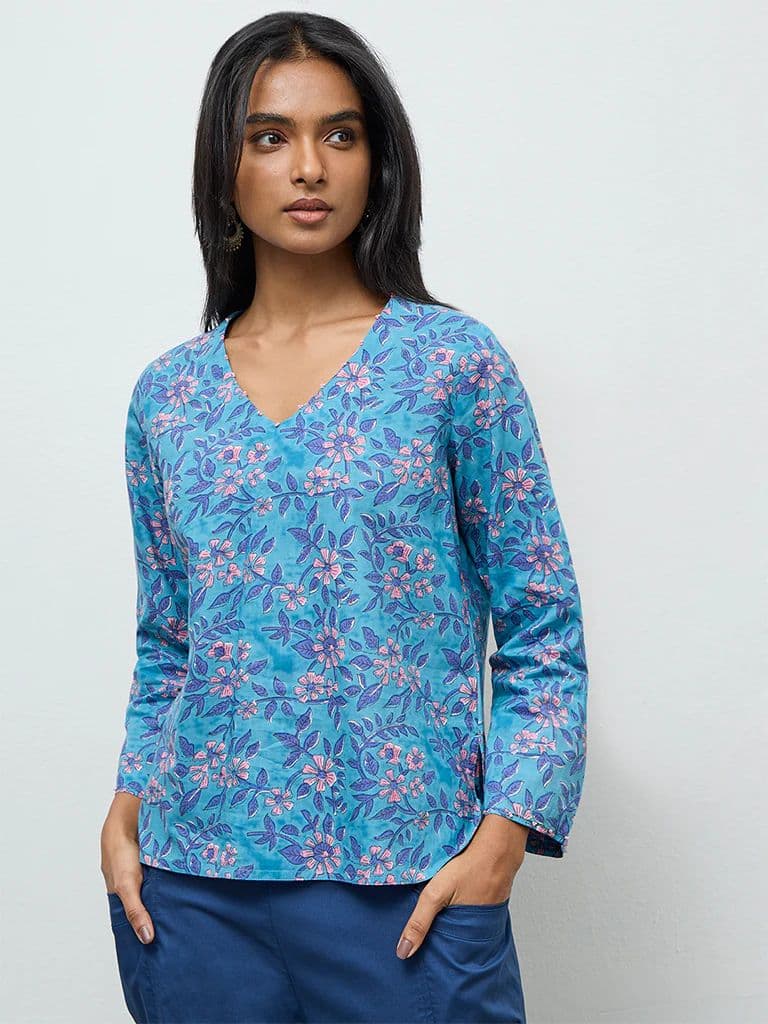 Utsa Blue Floral Pattern Cotton Tunic — photo 2