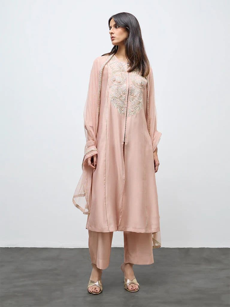 Vark Peach Floral Embroidered A-Line Ethnic Set — photo 2