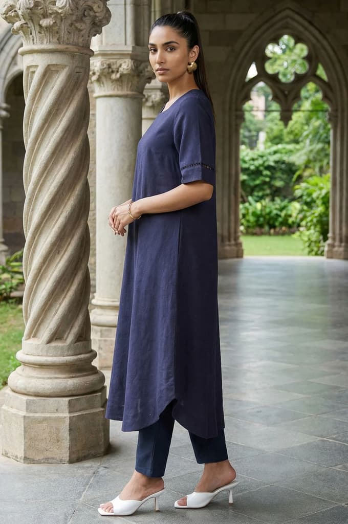 Navy Blue Solid Lace Rayon Flax A-line Kurta — photo 4