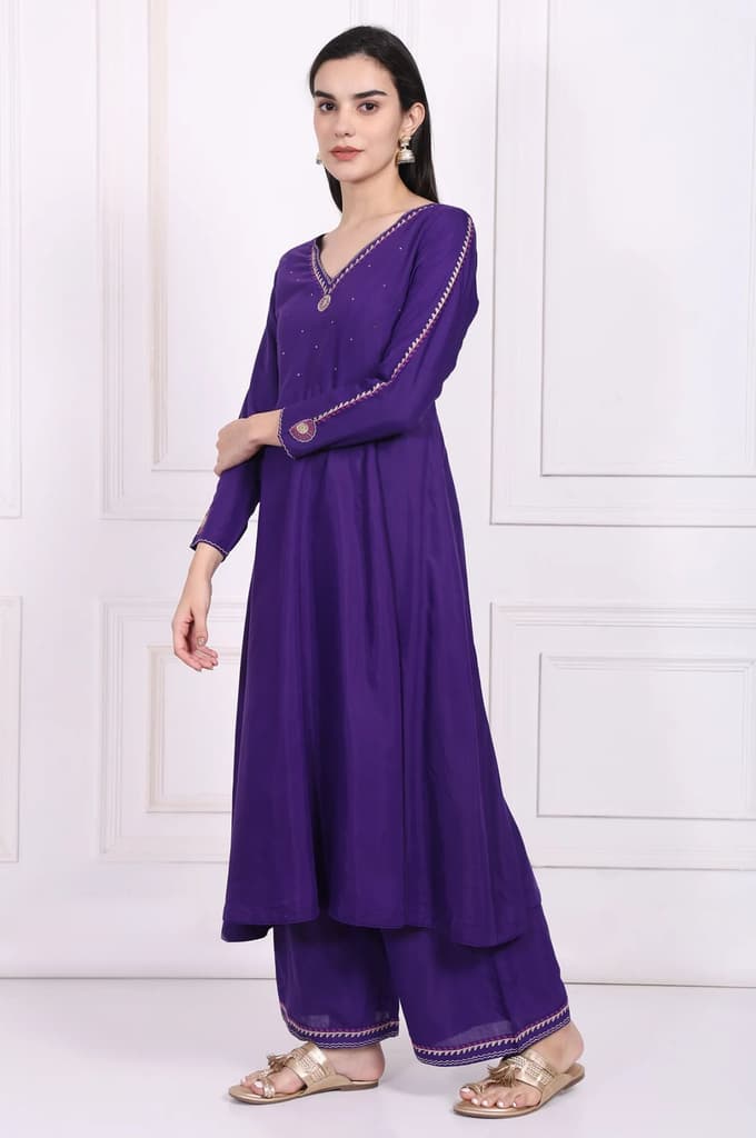Purple Embroidered Anarkali Kurta with Parallel Pant and Dupatta Set — photo 4