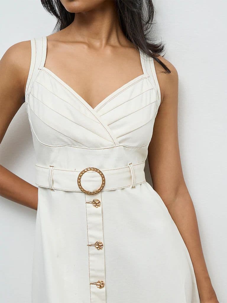 LOV Off-White Denim A-Line Dress with Belt — photo 3