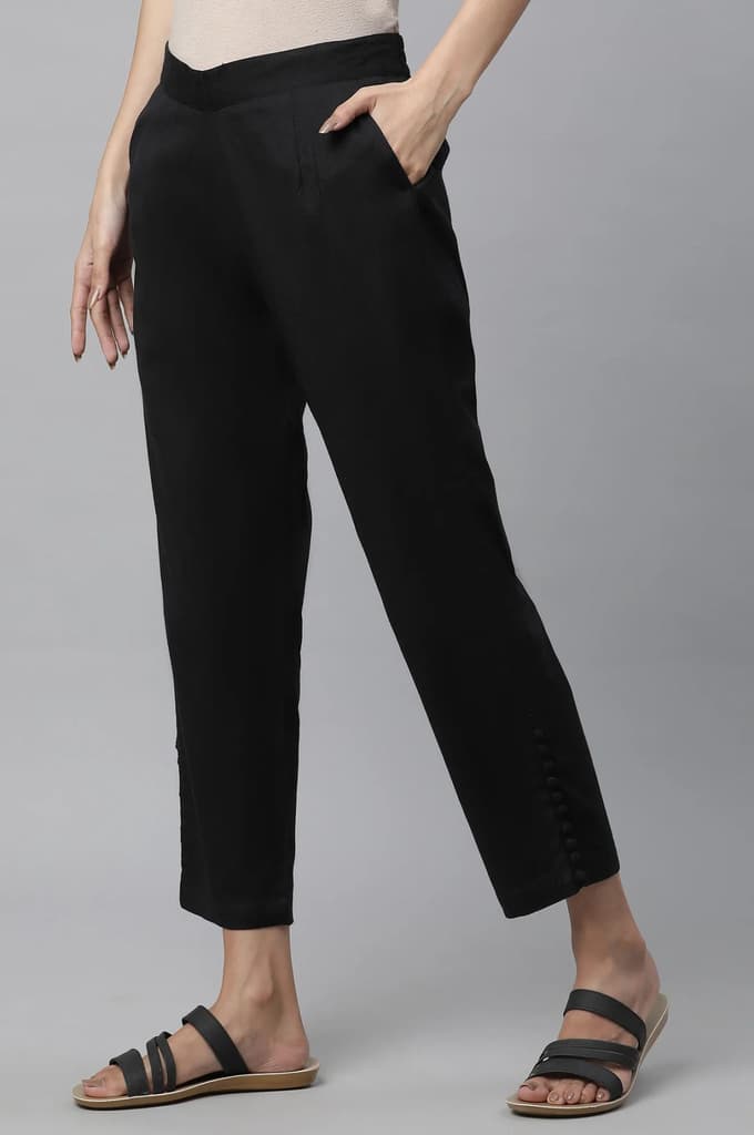 Black Solid Straight Fit Cotton Pants With Button Detail — photo 2